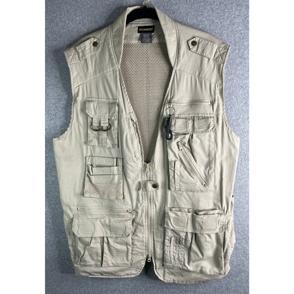 Promaster Utility Fishing Vest Mens XL Beige Multi Pocket Mesh Outdoor Zip